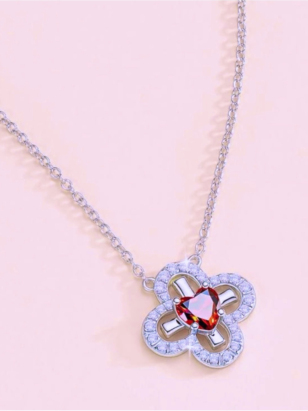 NWT Silver Four Leaf Clover Pendant Necklace CZ Heart Simulated Red Ruby